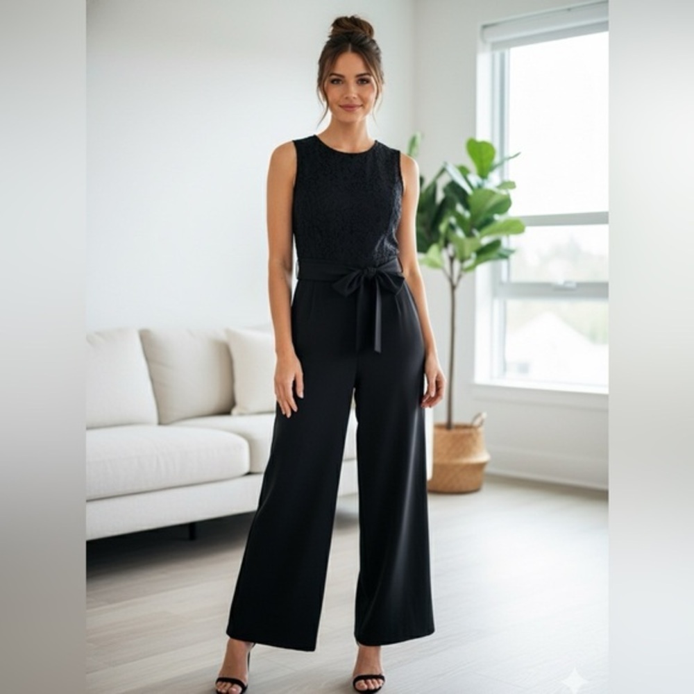 Tommy Hilfiger Black Lace Bodice Wide-Leg Jumpsuit (Size 10)